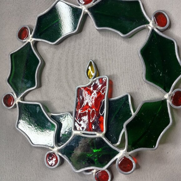 Holly Berries Candle Wreath Suncather Stained Glass Ornament 7 1/2" - Picture 2 of 7